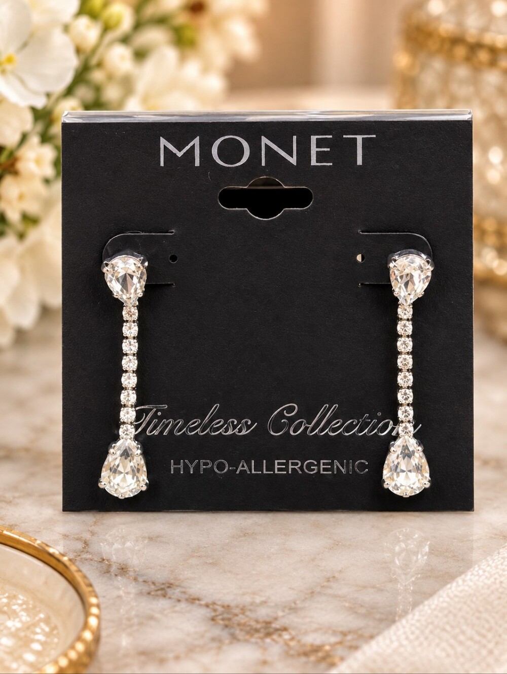 MONET Timeless Collection Crystal Teardrop Drop Earrings – New on Card